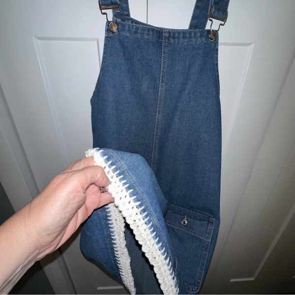Adorable Hand Embellished Denim Overall Dress with Cream Crochet Detail - M/L - Picture 2 of 9